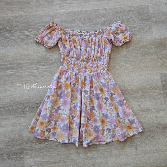 Tularosa Aurora Off-Shoulder Floral Smocked Waist Mini Dress Small NWOT $198 - Picture 1 of 17